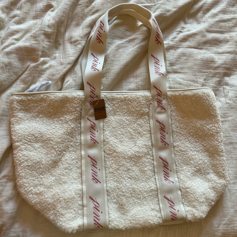 Victoria’s Secret PINK Cozy Plush Fleece Sherpa Tote Bag in Ivory